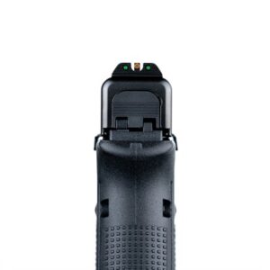 Rear view of handgun sights focus