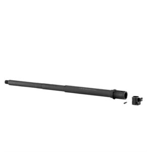 Rifle barrel with attached components on white background.