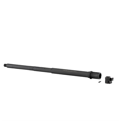 Rifle barrel with attached components on white background.