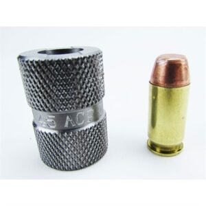 45 ACP gauge and bullet on white background
