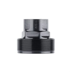 Black metal threaded adapter for machinery.