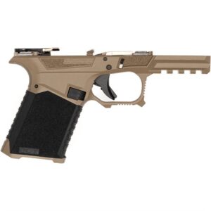 Tan pistol frame with black grip on display