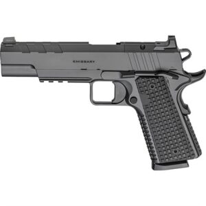 Black handgun with textured grip, side view.