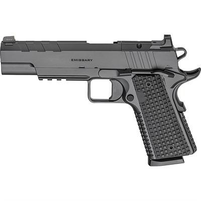 Black handgun with textured grip, side view.