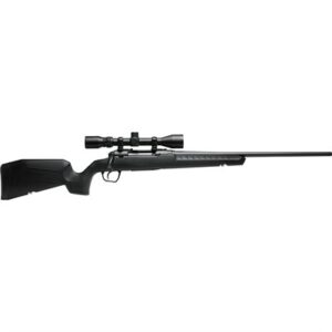 Black hunting rifle with scope on white background.