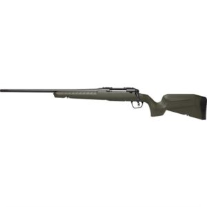 Bolt action rifle with green synthetic stock.
