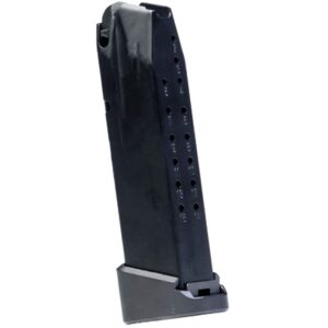 Black handgun magazine with holes on one side.