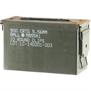 Military ammunition box with printed specifications.