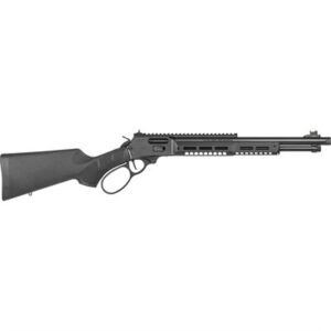 Black lever-action rifle with tactical features