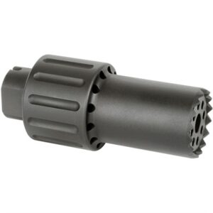Black tactical flash suppressor accessory for firearms.