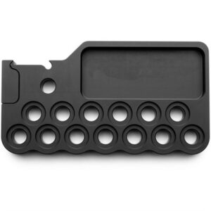 Black ammo reloading tray with multiple slots.
