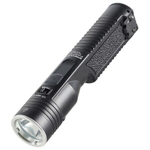 Black tactical flashlight with textured grip