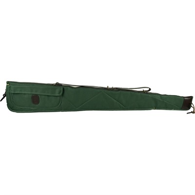 Green rifle case with shoulder strap and pocket.