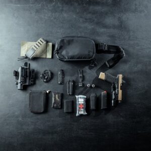 Tactical gear and accessories on display.