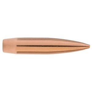 Copper-colored rifle bullet on white background.