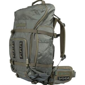 Green tactical backpack with multiple compartments and straps.