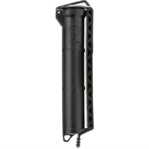 Black firearm sound suppressor with mounting bracket.