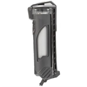 Gray plastic cylindrical safety device with ridged edges.