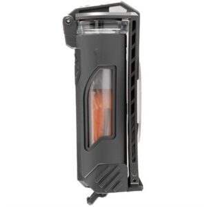 Gray power tool battery with transparent window