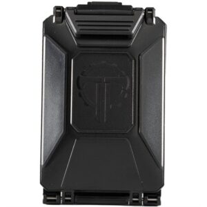 Black protective storage container with logo design.