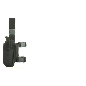Black tactical thigh holster with adjustable straps.