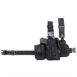 Black tactical thigh holster with adjustable straps