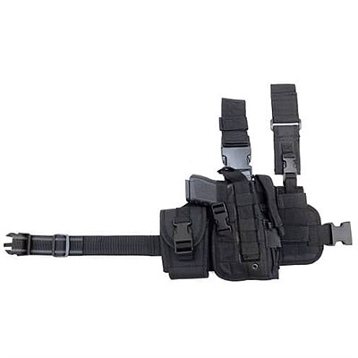Black tactical thigh holster with adjustable straps