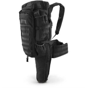 Black tactical backpack with rifle holder attachment.