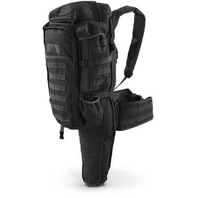 Black tactical backpack with rifle holder attachment.