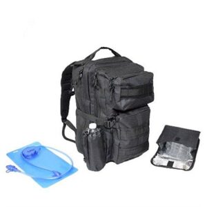 Black tactical backpack with hydration pack and pouch.