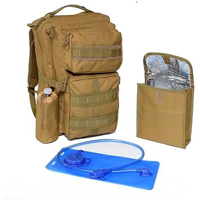 Brown tactical backpack with hydration pack and cooler