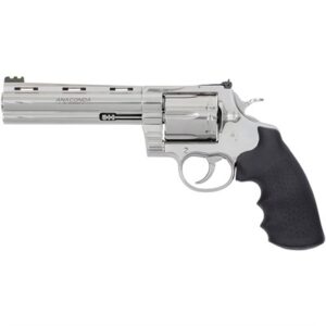 Silver revolver with black grip handle
