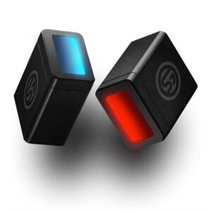 Two smart storage devices with glowing lights.