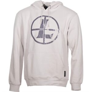 White hoodie with abstract circle logo design.
