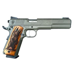 Custom handgun with engraved bear grip design.