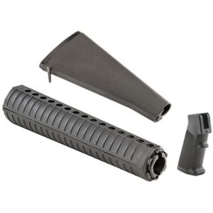 Rifle accessories, grip, handguard, and stock.