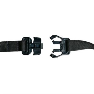 Black plastic buckle, unhooked on a strap.