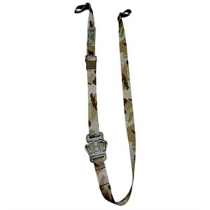 Camouflage pattern tactical rifle sling with adjustable buckle.