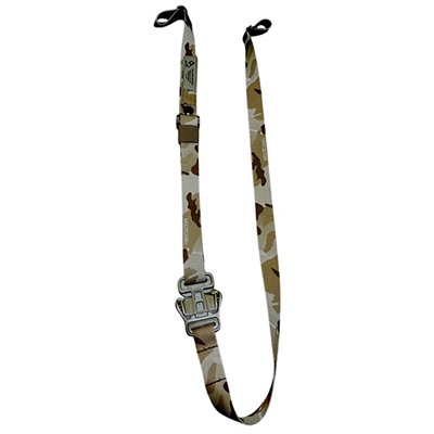 Camouflage pattern tactical rifle sling with adjustable buckle.