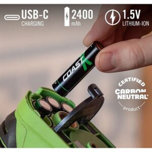 USB-C rechargeable lithium-ion battery, eco-friendly certified.
