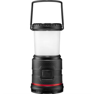Black and red camping lantern with handle.