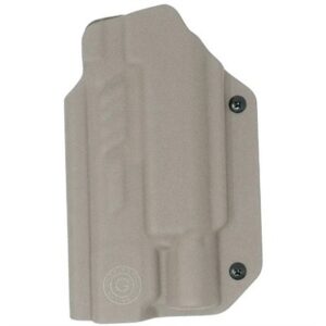 Tan polymer handgun holster with belt attachment