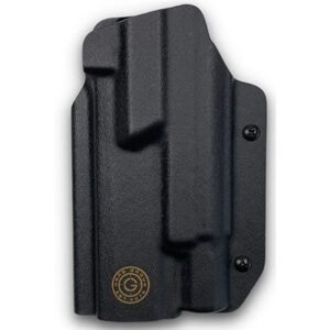 Black pistol holster with logo and screws.