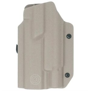 Tan gun holster with grip indentation.