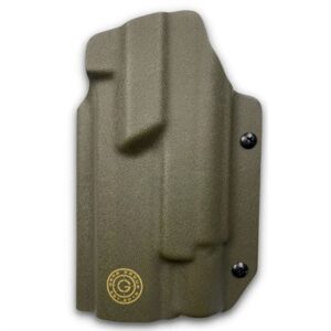 Olive green gun holster with logo emblem