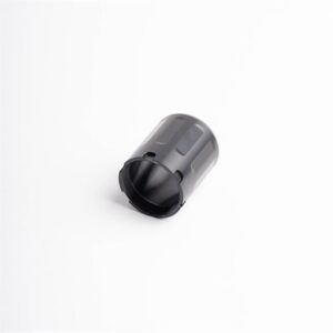 Black plastic cylindrical object on white background