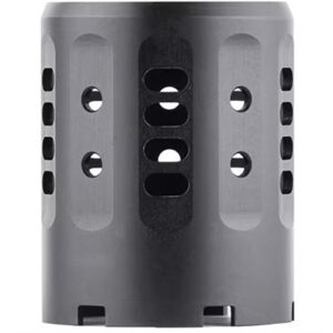 Cylindrical black metal component with side openings.