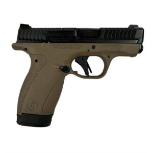Black and tan handgun, side profile view.