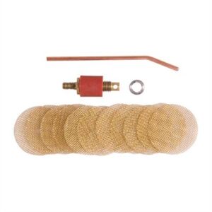 Carburetor repair kit with gaskets and needle valve.