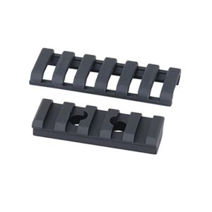 Black tactical rail sections for mounting accessories.